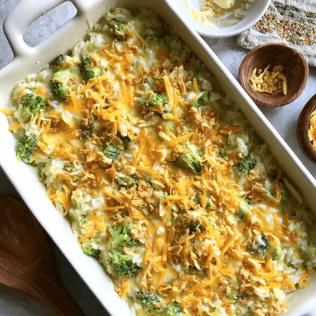 Unbaked broccoli cheese rice casserole in baking dish topped with shredded cheddar and panko breadcrumbs ready for oven