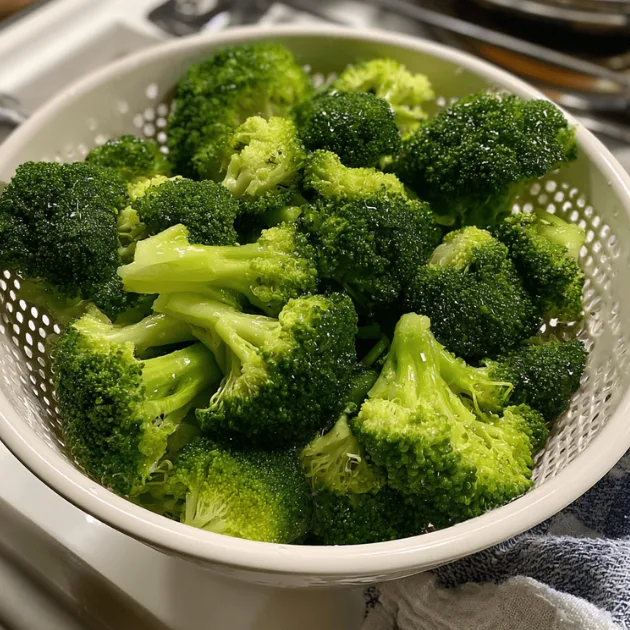 Bright green crisp-tender steamed broccoli florets in white colander with water droplets showing perfect doneness