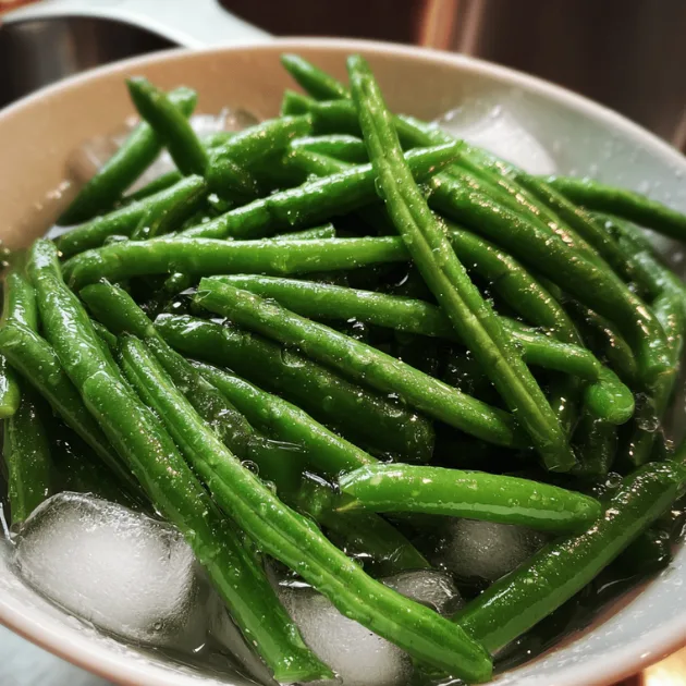 Bright green blanched green beans in ice water bath showing perfect color and crisp-tender texture