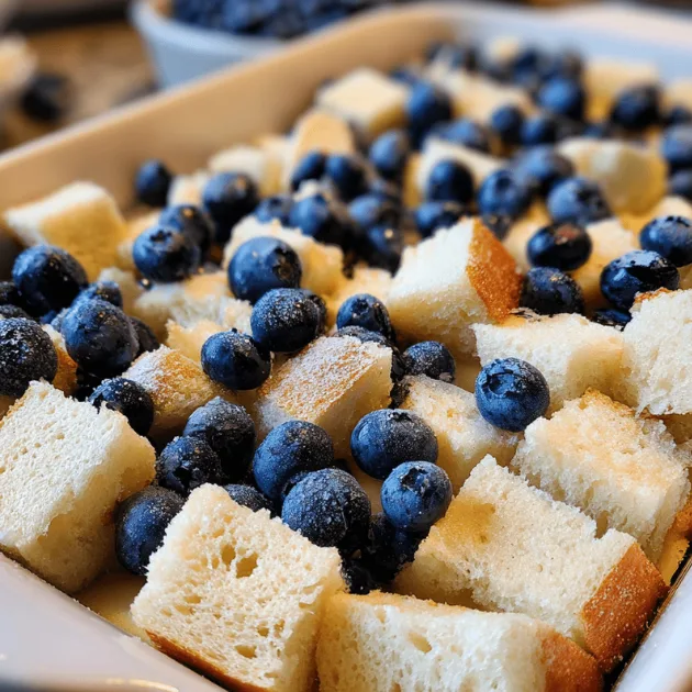 Day-old brioche cubes layered in buttered baking dish with fresh blueberries scattered on top