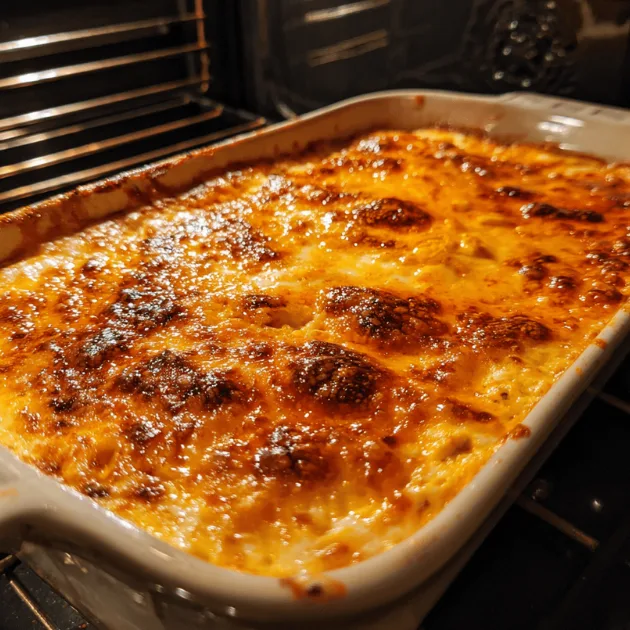 Freshly broiled Buffalo chicken dip with golden-brown melted cheese top and bubbling edges straight from oven