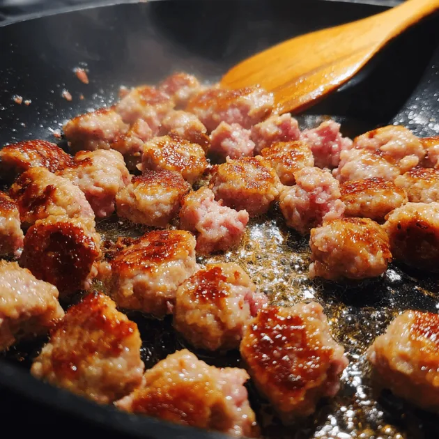 Breakfast sausage browning in a skillet broken into small pieces with golden-brown crispy edges and rendered fat