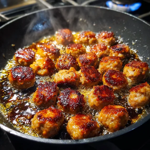 Breakfast sausage pieces browning in skillet with crispy golden edges and rendered fat