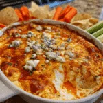 Bubbling hot Buffalo chicken dip in white baking dish with golden melted cheese top, surrounded by tortilla chips and celery sticks on kitchen counter