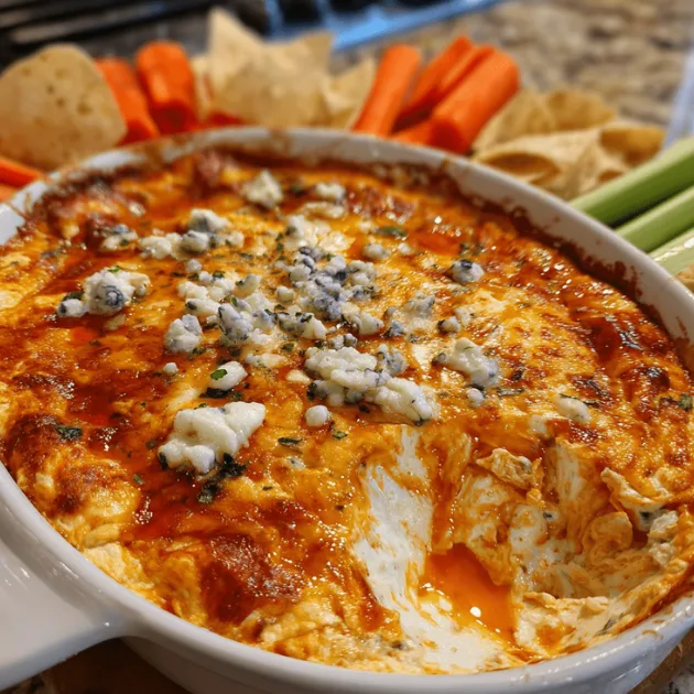 Bubbling hot Buffalo chicken dip in white baking dish with golden melted cheese top, surrounded by tortilla chips and celery sticks on kitchen counter
