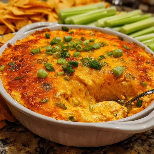 Finished buffalo chicken dip topped with melted cheddar cheese and fresh scallions ready for serving