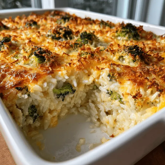 Broccoli cheese rice casserole in white baking dish with golden crispy top and creamy interior showing layers of rice, broccoli, and cheddar sauce