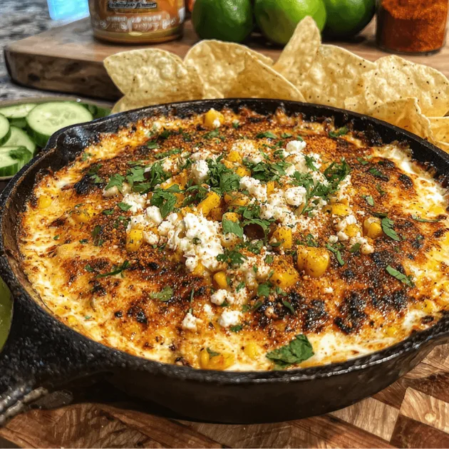 Classic Mexican Street Corn Dip in cast iron skillet with chips and fresh garnish