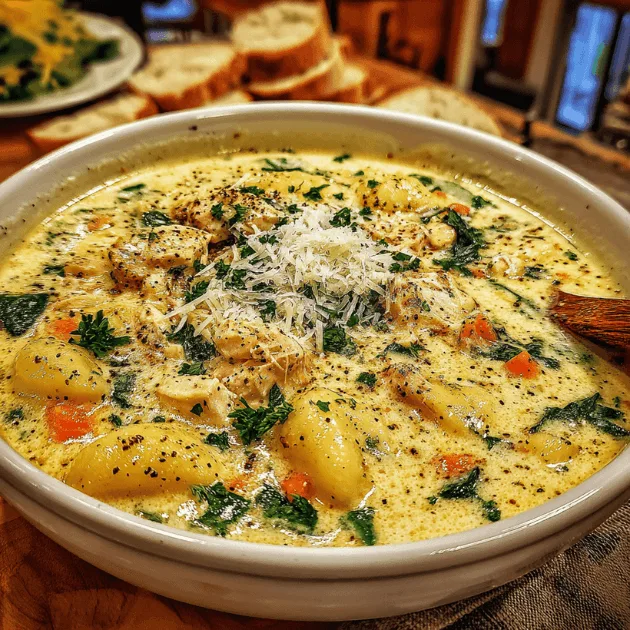 creamy-chicken-gnocchi-soup-final A garnished bowl of Creamy Chicken Gnocchi Soup served with bread and spoon.