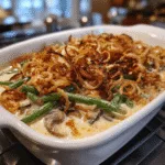 Freshly baked green bean casserole in white dish with crispy golden fried onions on top and bubbling mushroom gravy