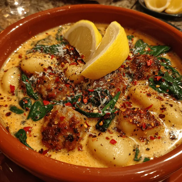Creamy Italian Sausage Gnocchi Soup in white bowl with Parmesan cheese and black pepper garnish