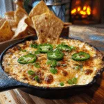 Hot creamy jalapeño popper dip baked in a skillet with golden topping and sliced jalapeños.