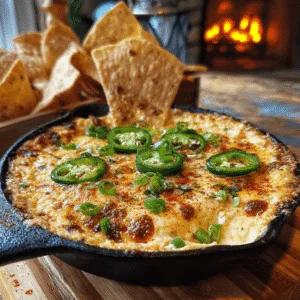 Hot creamy jalapeño popper dip baked in a skillet with golden topping and sliced jalapeños.
