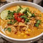 Bowl of creamy chicken enchilada soup with melted cheese, corn, shredded chicken, topped with tortilla chips, sour cream, and fresh cilantro