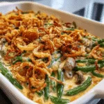 Dairy-free green bean casserole made with oat milk and cashew cream topped with crispy fried onions