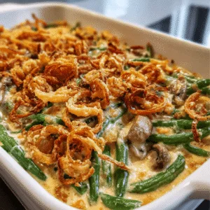 Dairy-free green bean casserole made with oat milk and cashew cream topped with crispy fried onions