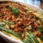 Dairy-free Southern green bean casserole made with oat milk and olive oil