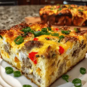 Freshly baked sausage and egg casserole in a baking dish with golden-brown melted cheese, crispy edges, and visible layers of bread cubes, sausage, and red peppers, garnished with green onions