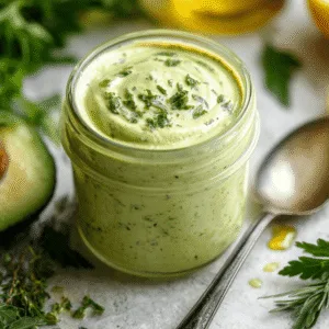 Homemade creamy Green Goddess Dressing in a glass jar surrounded by fresh herbs, lemon, and avocado.