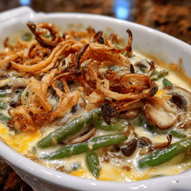 Homemade Southern green bean casserole with crispy fried onions in white baking dish