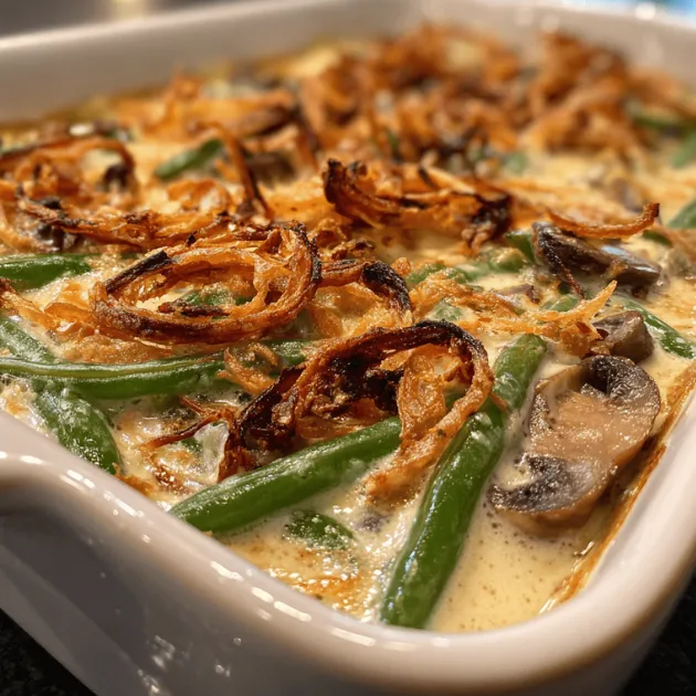 Homemade green bean casserole with cremini mushrooms in creamy sauce topped with crispy fried shallots in white baking dish