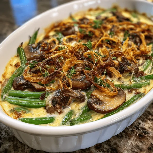 Gourmet green bean casserole made with homemade béchamel sauce and fresh sautéed mushrooms with crispy topping