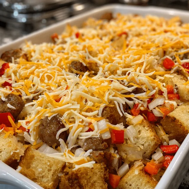 Layered sausage and egg casserole ingredients in a baking dish showing bread cubes, browned sausage, sautéed vegetables, and shredded cheese before adding custard