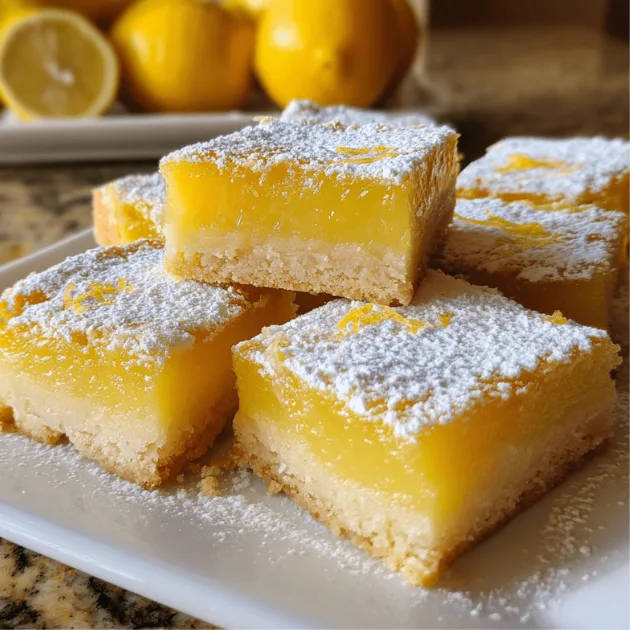 Close-up of Meyer Lemon Bars dusted with powdered sugar, stacked on a white plate with fresh lemons in the background.