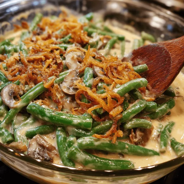 Green beans being mixed with creamy mushroom sauce and fried onions in glass bowl showing glossy coating