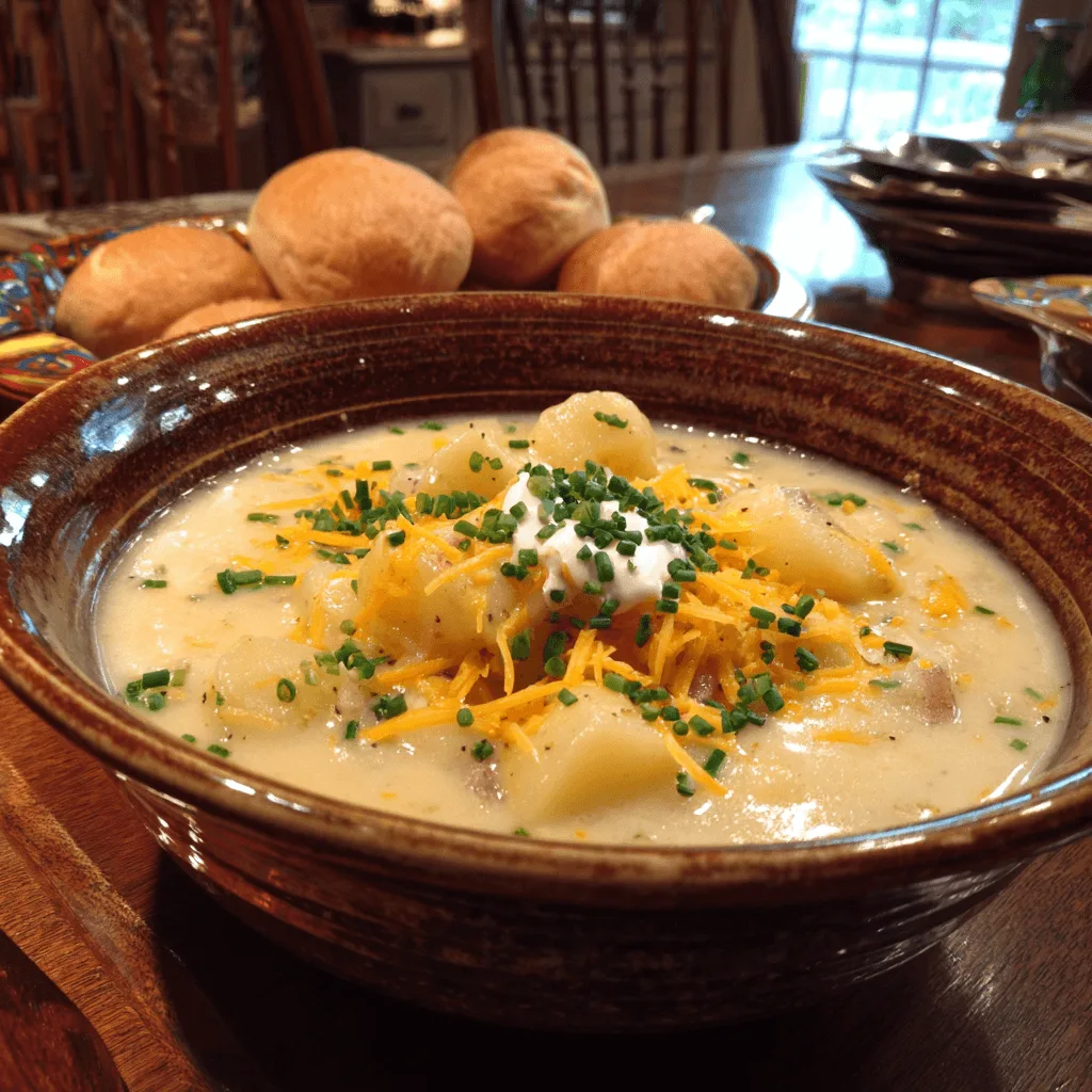 Bowl of creamy Old Fashioned Potato Soup garnished with chives and cheese on a wooden table