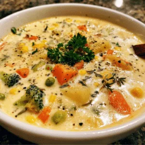 Creamy vegetable soup in a rustic bowl with colorful vegetables including broccoli, carrots, cauliflower, corn and peas in a silky cream broth