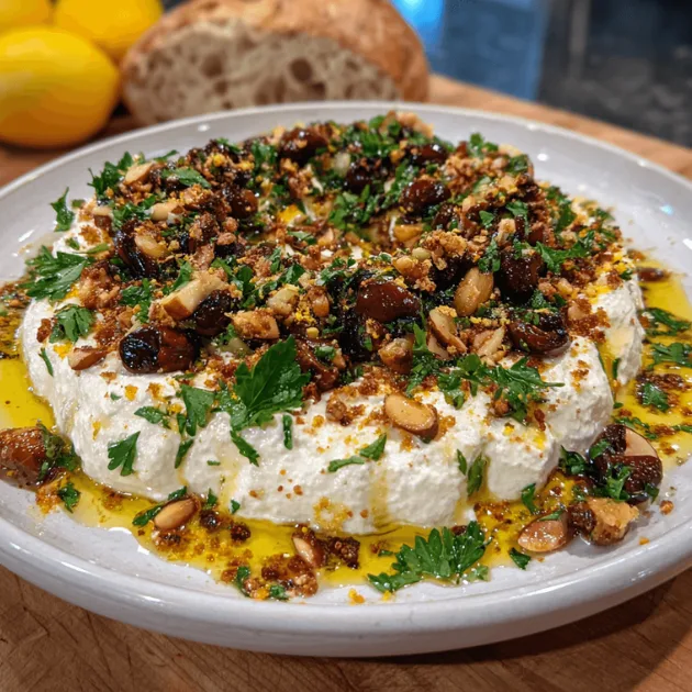 Creamy ricotta dip topped with crushed olives, almonds, and lemon zest on a white plate.