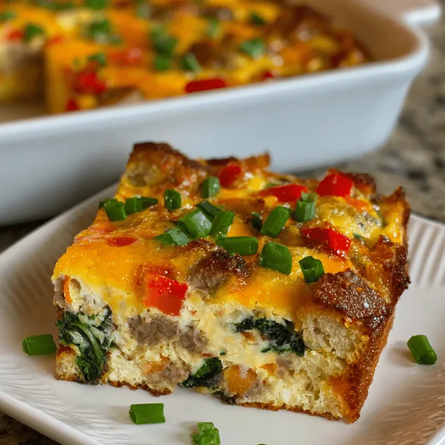 Sausage and egg casserole with baby spinach showing golden-brown top, vibrant green spinach throughout, crispy edges, and a plated portion with melted cheese
