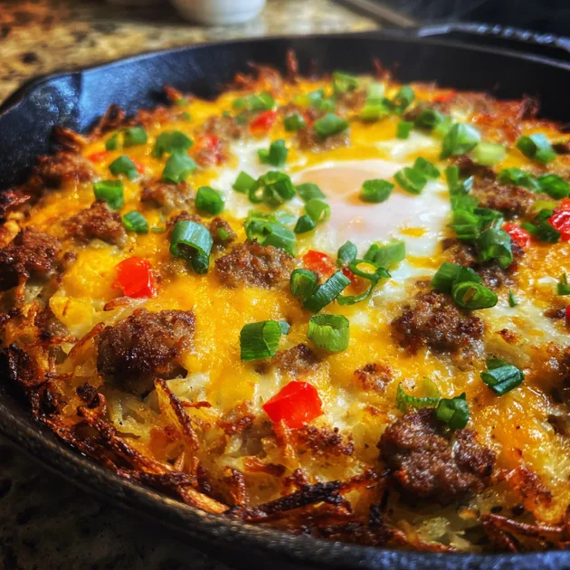 Crispy golden Sausage Hash Brown Skillet in cast iron pan topped with melted cheddar cheese and green onions
