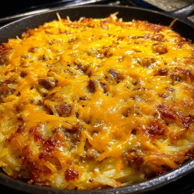 Complete breakfast Sausage Hash Brown Skillet topped with four fried eggs with jammy yolks and melted cheese