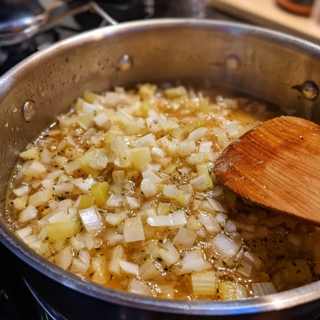 Onions and celery sautéing in butter in a pot.