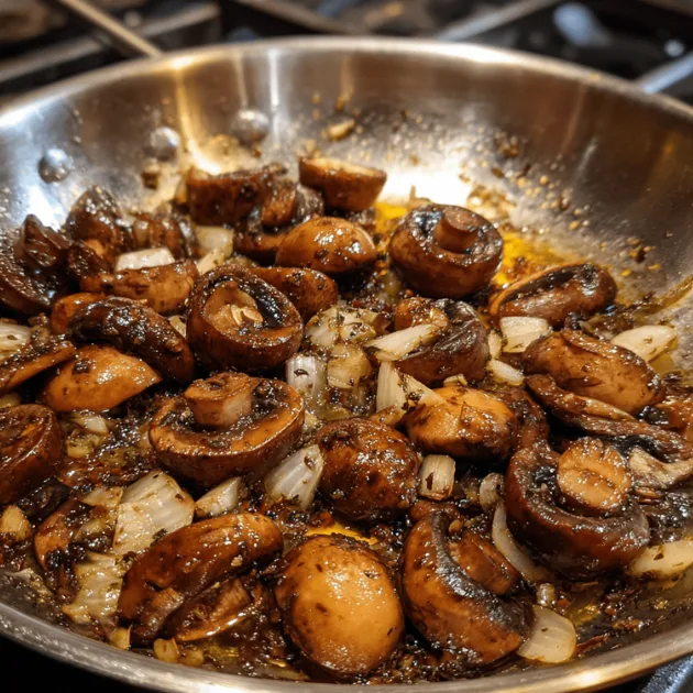 Finely chopped cremini mushrooms and onions sautéed to golden brown in butter with garlic in stainless steel skillet