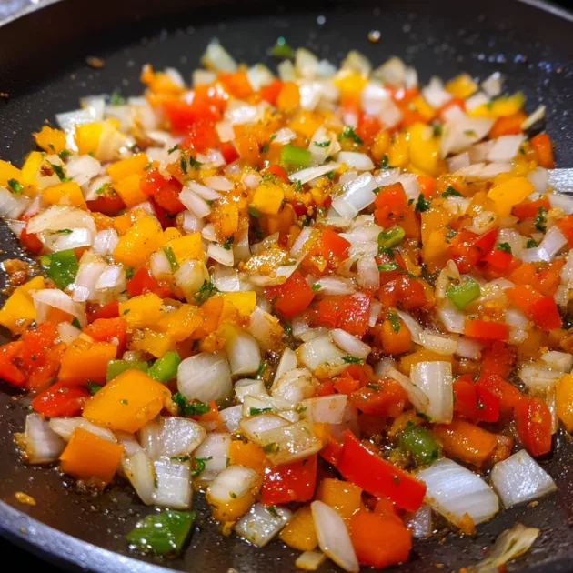 Diced onions and bell peppers sautéing in skillet until translucent and fragrant