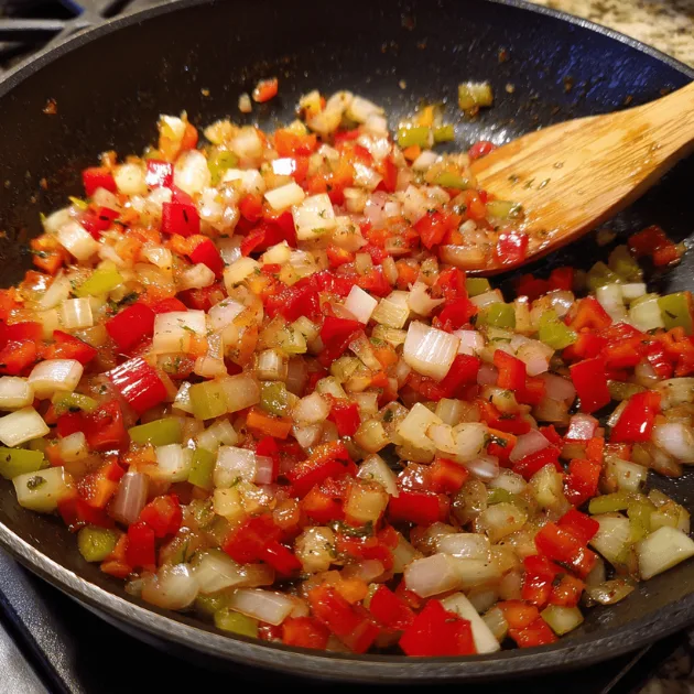 Diced yellow onions and red bell peppers sautéing in a skillet until glossy and tender with slight caramelization