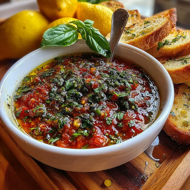 Fresh tomato basil dip served with toasted baguettes and basil garnish.