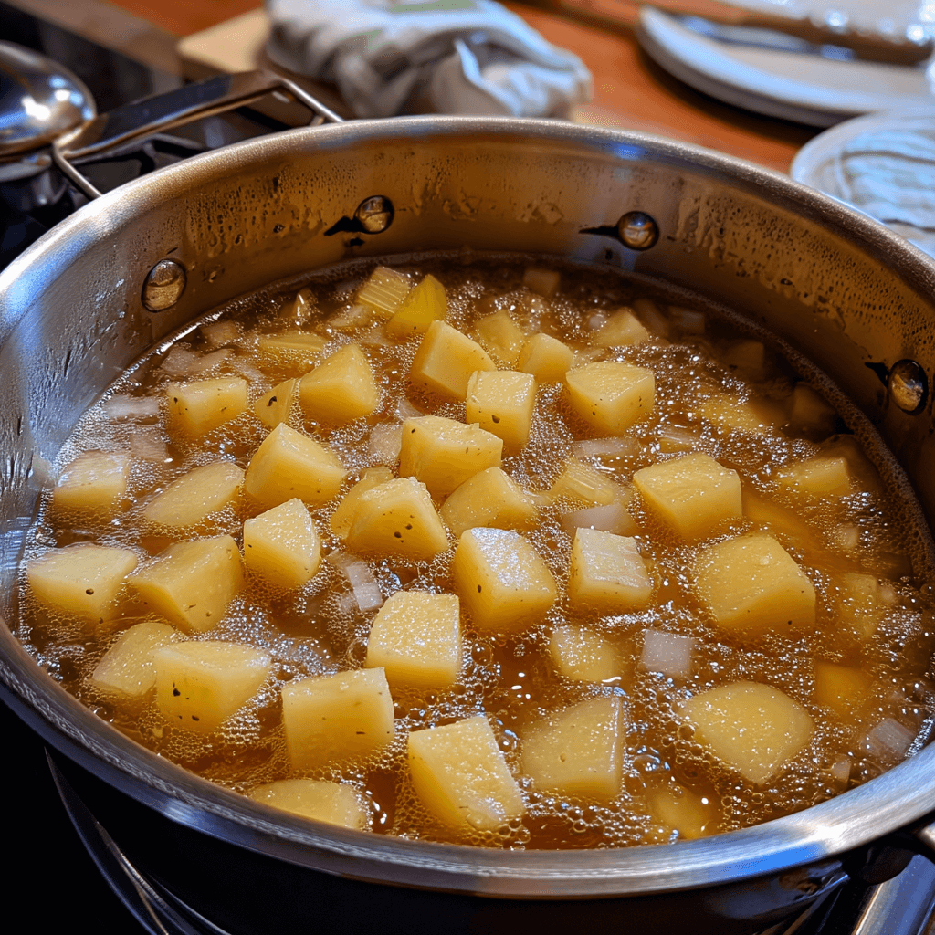 Potatoes simmering in broth in a pot with rising steam.