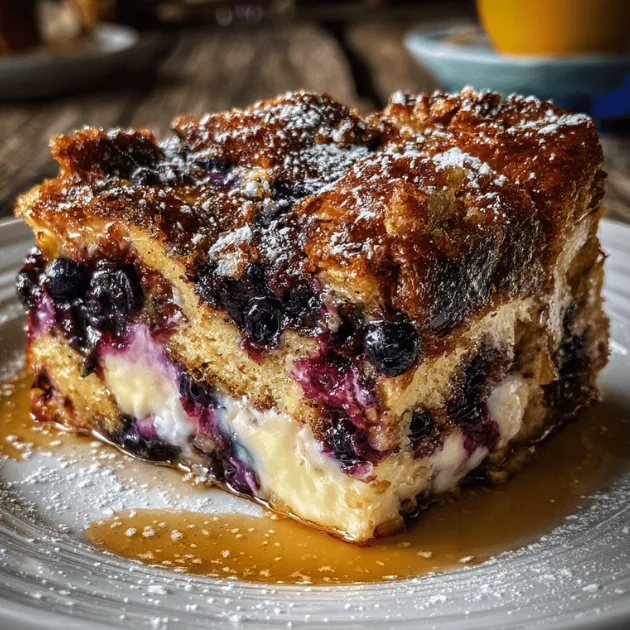 Cross-section of blueberry French toast casserole slice showing custardy interior, blueberries, and crispy streusel topping