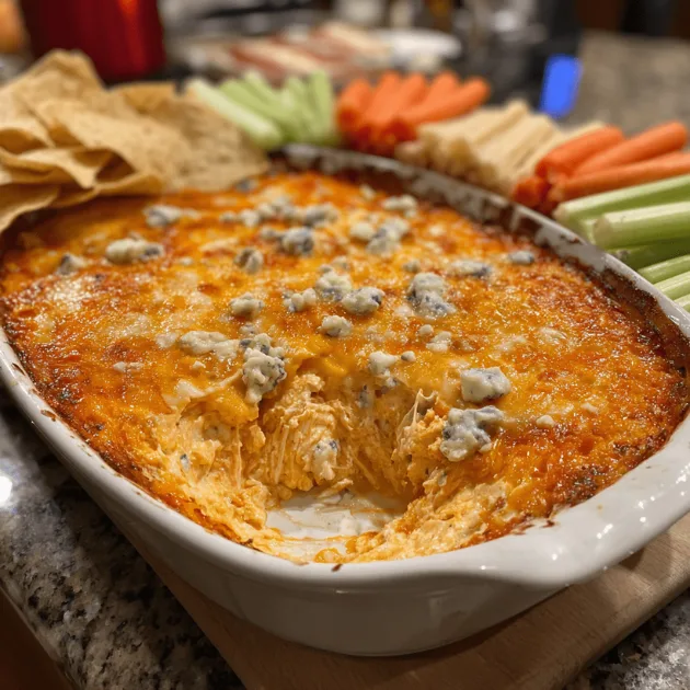 Buffalo chicken dip in slow cooker with creamy texture surrounded by chips, celery, and crackers for party serving