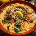 Spicy Tuscan version of gnocchi soup with hot Italian sausage, red pepper flakes, and lemon garnish