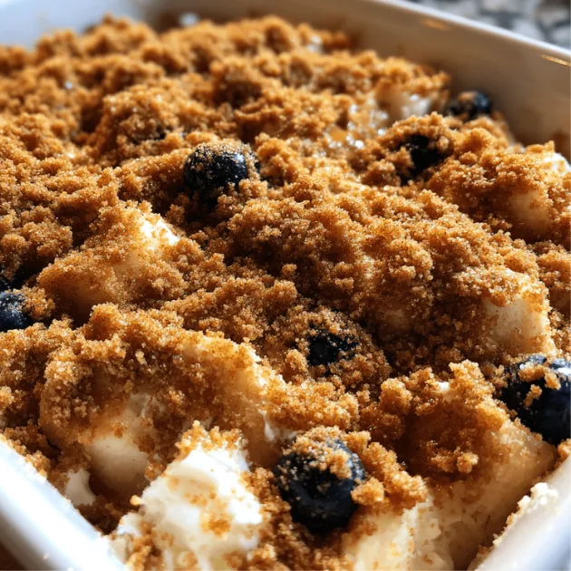 Crumbly cinnamon streusel topping being added to assembled blueberry French toast casserole