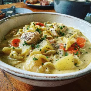 A bowl of creamy chicken noodle soup with potatoes, carrots, and herbs, served warm on a wooden table.