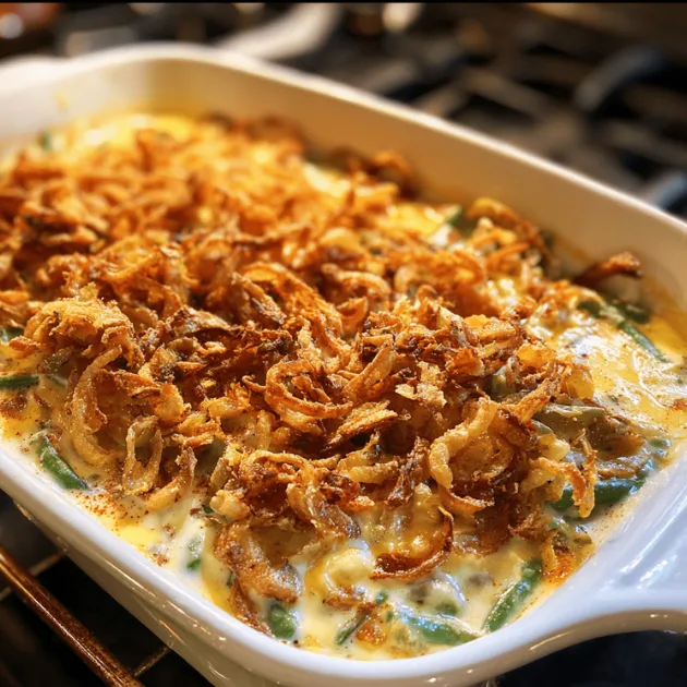 Hand sprinkling golden fried onions over bubbling green bean casserole before final baking step