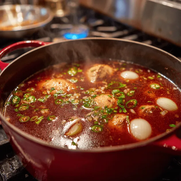 Chicken simmering in spiced tomato broth for tortilla soup.