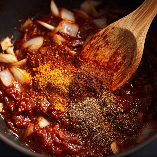 Tomato paste and spices blooming in a pot while cooking.