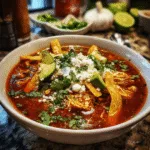 Chicken tortilla soup with tortilla strips, avocado, and cilantro in a white bowl.